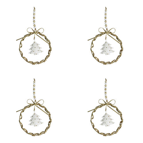 4PK LVD Metal Beaded Twist Wreath Tree Decoration Small 13x11.5x1cm Gold