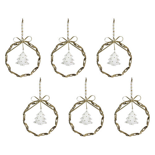 6PK LVD Metal/Beads Twist Wreath Tree Hanging Ornament Large - Gold/White