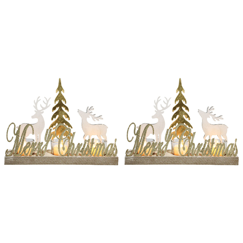 2PK LVD Metal/MDF Merry Christmas Tealight Xmas Decoration - Gold