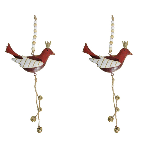 2PK LVD Hanging Bird Redbells Metal/Beads Ornament Decor 32cm