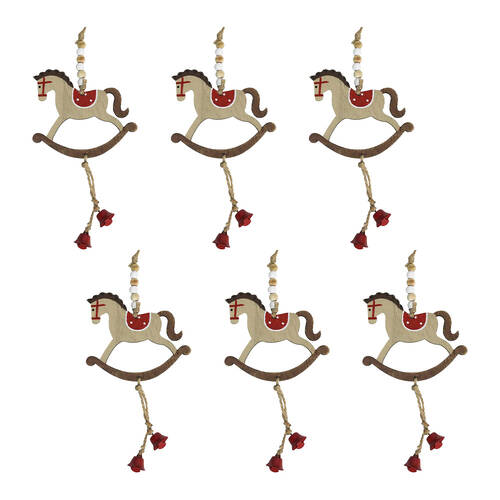 6PK LVD Hanging Rocking Horse Wooden Ornament Decor 23cm Red