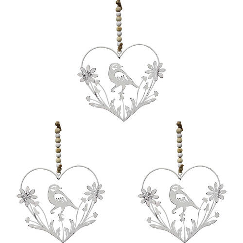 3PK LVD Metal Heart Hanger Birddaisy Home Hanging Decor 17x15cm - White