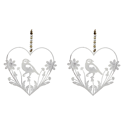 2PK LVD Metal Heart Hanger Birddaisy Home Hanging Decor 24x20cm Large - White