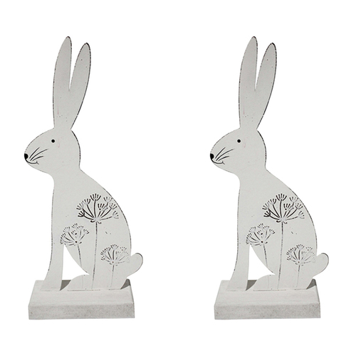 2PK LVD Metal/Wood 25cm Botanical Rabbit Up Home Decorative Figurine - White