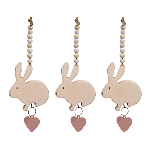 3PK LVD Wood/Metal 7cm Hanging Rabbit/Heart Home Decorative Ornament - Pink