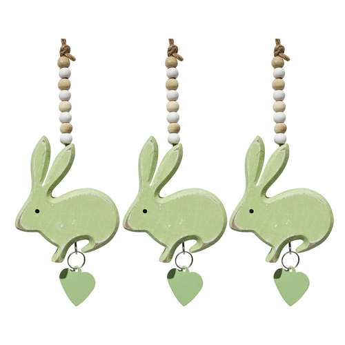 3PK LVD Wood/Metal 7cm Hanging Rabbit/Heart Home Decorative Ornament - Green