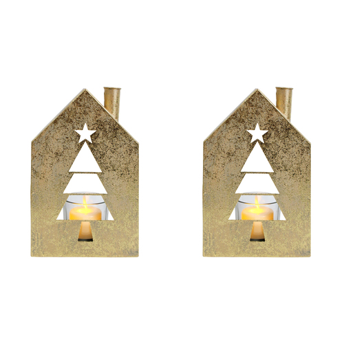 2PK LVD 11x18cm Metal Xmas Tree House Candle Holder Home Decor - Gold