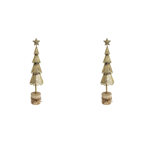 2PK LVD Metal/Wood Xmas Tree On Stump Christmas Decoration Lrg 37.5cm - Gold