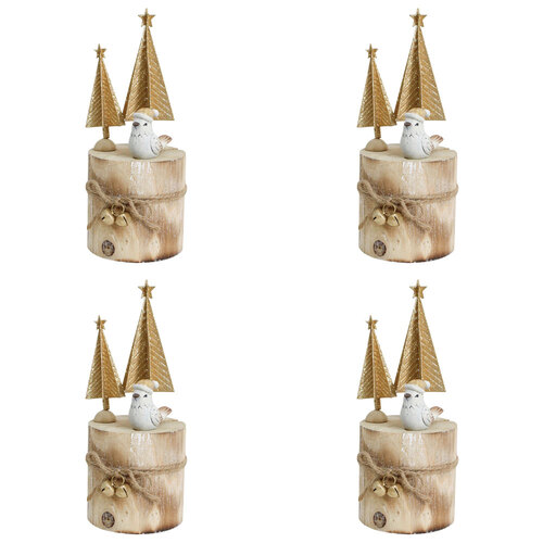 4PK LVD Metal/Wood Xmas Trees Bird Stump Christmas Decoration 7x18.5cm