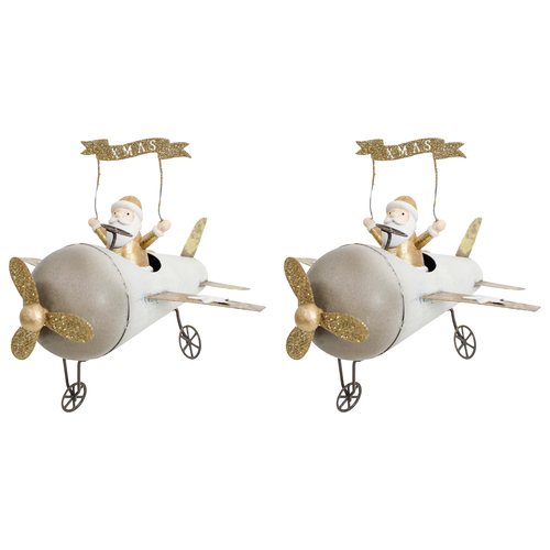 2PK LVD 19x16cm Metal Plane w/ Santa Home Christmas Decor