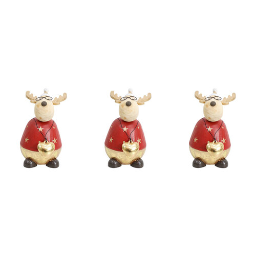 3PK LVD Wood/Resin Large Buster Deer Christmas Decoration 14cm - Red