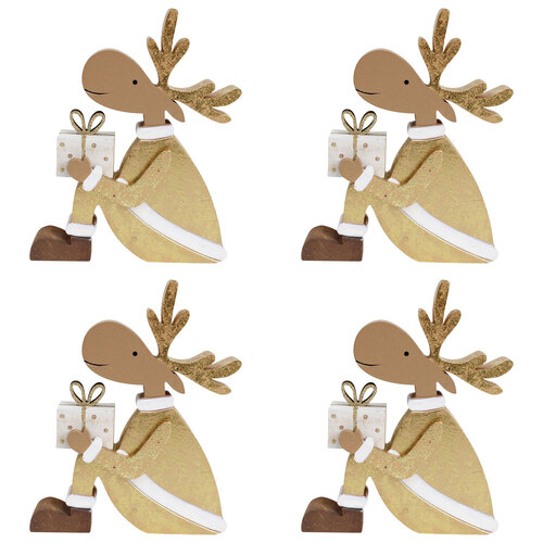 4PK LVD Wooden Gifting Reindeer Christmas Decoration Sml - Gold/Brown
