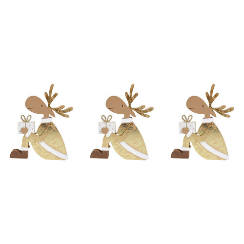 3PK LVD Wooden Gifting Reindeer Christmas Decoration Med - Gold/Brown
