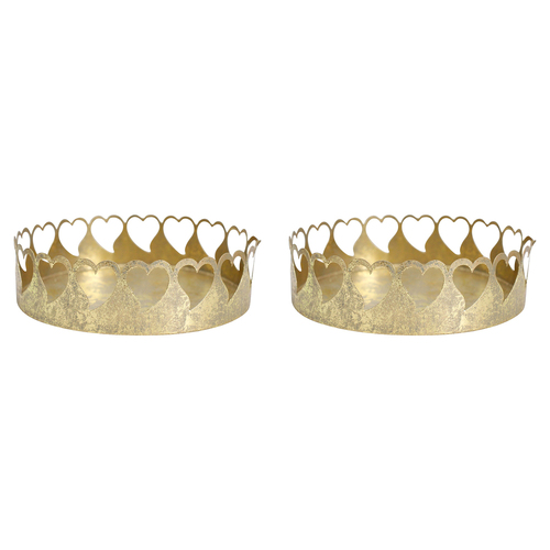 2PK LVD Gold Heart Round 18cm Metal Tray Holder Home Decor