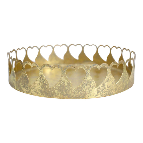 LVD Gold Heart Round 22cm Metal Tray Holder Large Home Decor