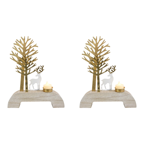 2PK LVD 25x30cm Wood/Metal Reindeer & Tree Tealight Candle Holder