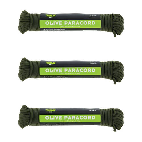 3PK Hulk Rot Resistant & Quick Drying Paracord 4mm x 30m Olive Green