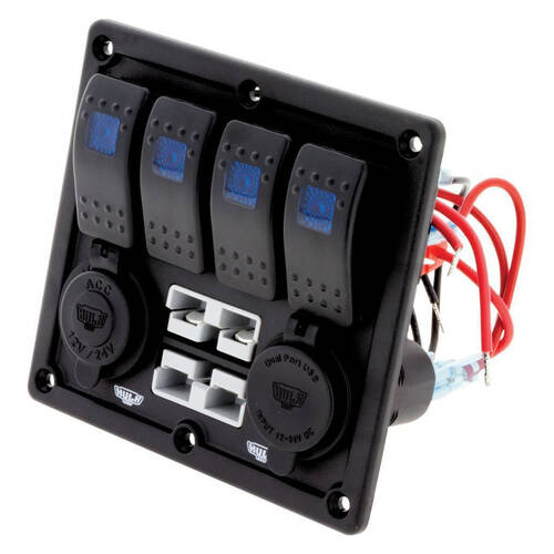 Hulk 4 Way Switch Panel w/ 50A Plugs Accessory Power Socket & Dual USB Black