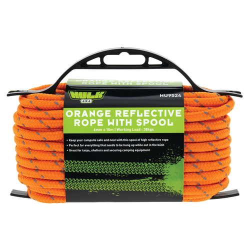 Hulk 4x4 Durable 15m Spooled Hi-Vis Reflective Rope - Orange