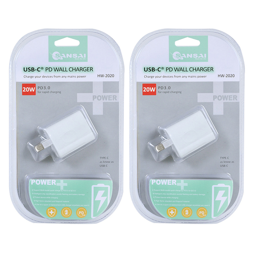 2PK Sansai USB-C PD Wall Charger Power Point Adaptor 20W White