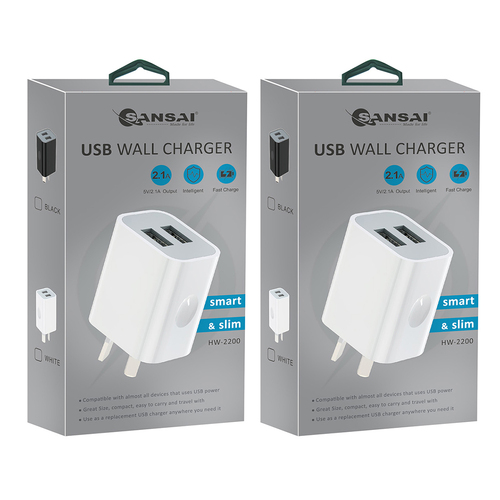 2PK Sansai Dual USB 2.1A Wall Charger Power Point Adaptor Ultra Slim Assorted