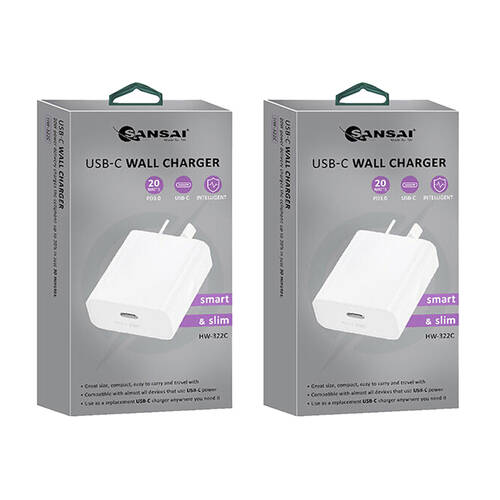 2PK Sansai Low Profile USB-C Wall Charger for Phone & Tablet PD20W White
