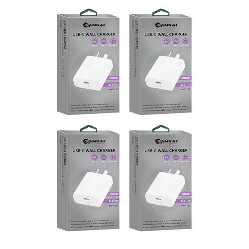 4PK Sansai Low Profile USB-C Wall Charger for Phone & Tablet PD20W White