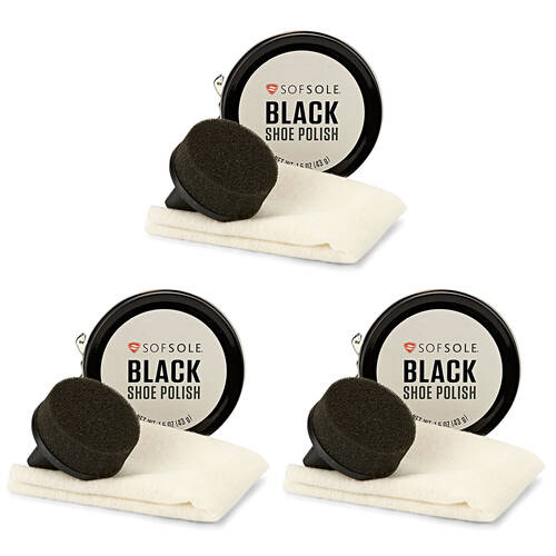 3PK SofSole 43g Shoe Polish Tin w/ Brush Kit For Leather Footwear - Black