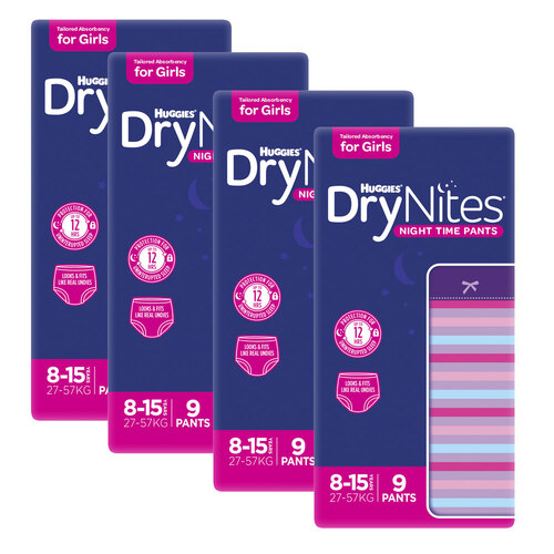 4x 9pc Huggies Dry Nites Night Time Pants For 8-15yr Girls