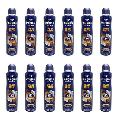 12PK Insignia Men's Deodorant Spray Sport Fresh 250ml 24hr Protection