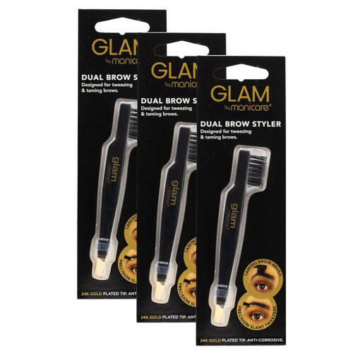 3PK Glam By Manicare Dual Brow Styler Eyebrow Tweezer 24K Gold Plated Tip