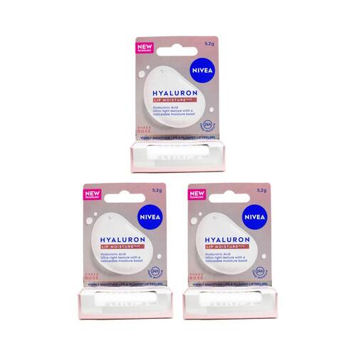3PK Nivea Hyaluron Lip Balm Moisture Plus w/Hyaluronic Acid 5.2g Sheer Rose