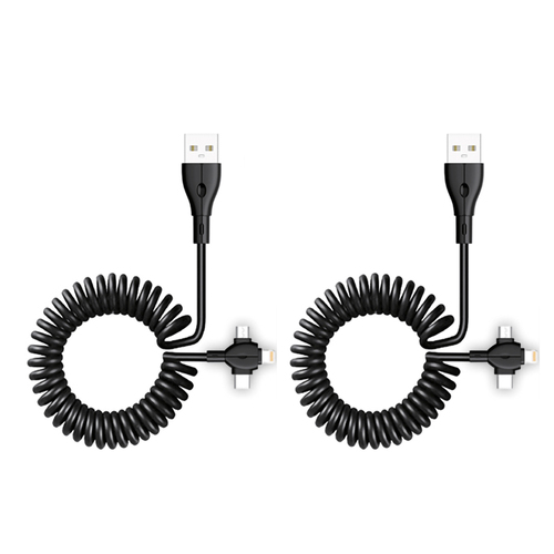 2PK Sansai 3in1 USB to USB-C Micro Charging 1.5m Coiled Cable Assorted Colour