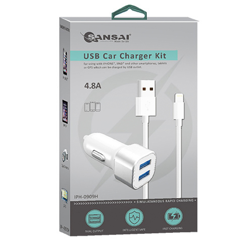 2 Usb Port Car/Vehicle Charger w/ 8 Pin Cable