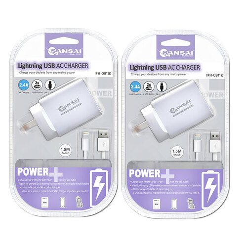 2PK Sansai 2 USB Port Adapter Wall Charger 5V 2.4A AC w/ 8 Pin Cable