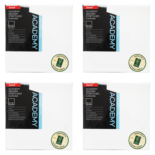4PK Jasart Academy 16x16" Thin Edge Cotton Stretched Canvas 280GSM - White