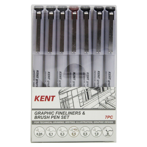 7pc Kent Graphic Fineliner & Brush Pen Set Drawing/Design