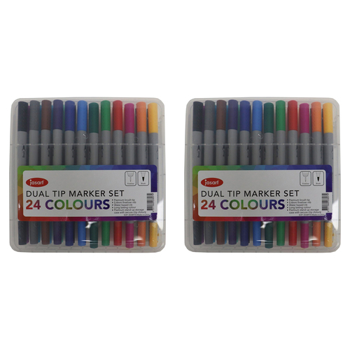 2x 24pc Jasart Dual Nib Brush Fineliner Set Water-Based Ink Marker Set