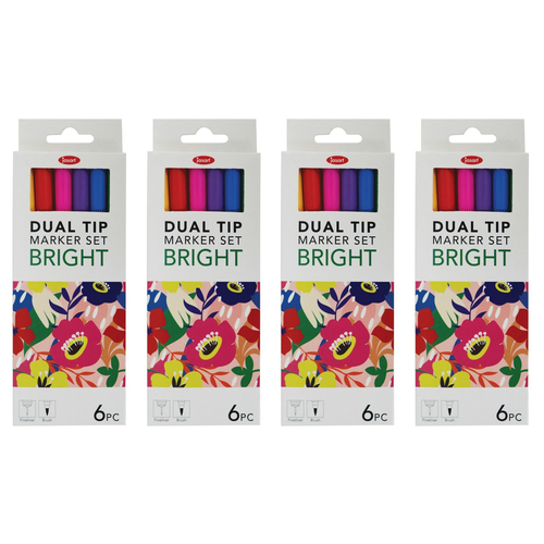 4x 6pc Jasart Dual Nib Brush Fineliner 0.4mm Pen/Marker Set - Bright