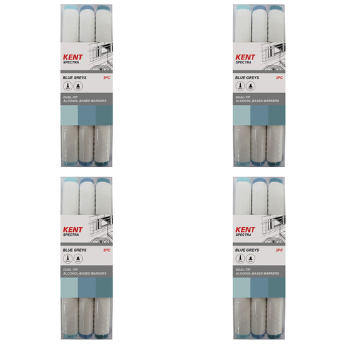 4x 3pc Kent Spectra Graphic Markers Brush Chisel Nib Blue Grey Set 