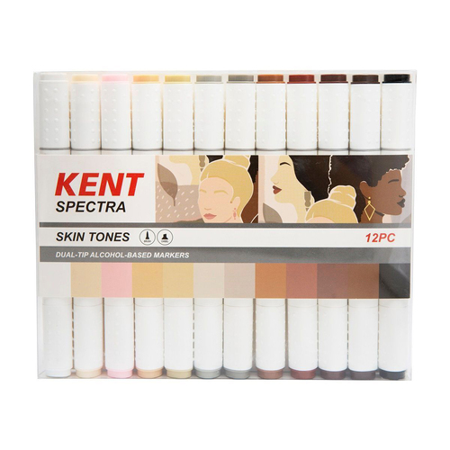 12pc Kent Spectra Graphic Markers Brush Chisel Nib Skin Tones Set 