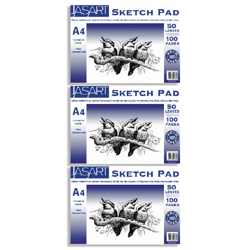 3PK Jasart A4 Sketch Pad 100-Pages Drawing/Painting Cartridge Paper
