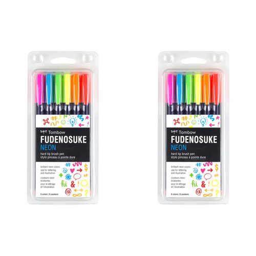 2x 6pc Tombow Fudenosuke Neon Hard Tip Brush Pen Drawing Set