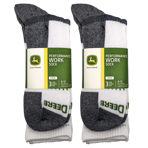 6 Pairs John Deere White/Grey Crew Work Socks Size 8-12 LP73318-JD