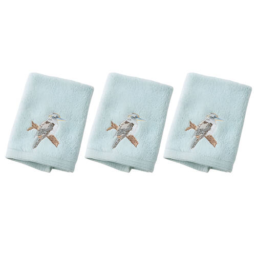 3PK Pilbeam Living Kookaburra Face Washer Absorbent Towel 100% Cotton Blue 32cm