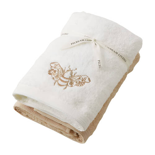 2pc Pilbeam Living Beebee 100% Cotton Hand Towel Absorbent White/Brown 65cm