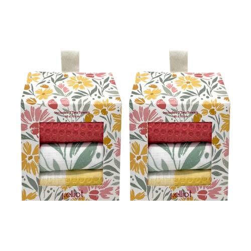 2x 3pc J.Elliot Home Millie Tea Towel Gift Box 50x70cm Bubblegum Multi