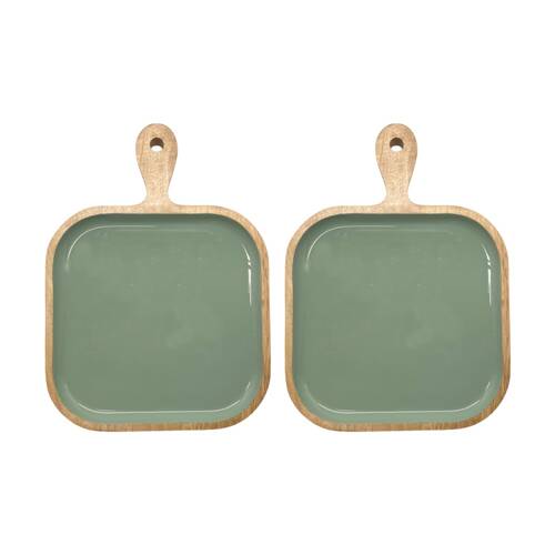 2PK J.Elliot Home Corinne Square Serving Tray w/ Handle 26x36x2.5cm Green & Natural