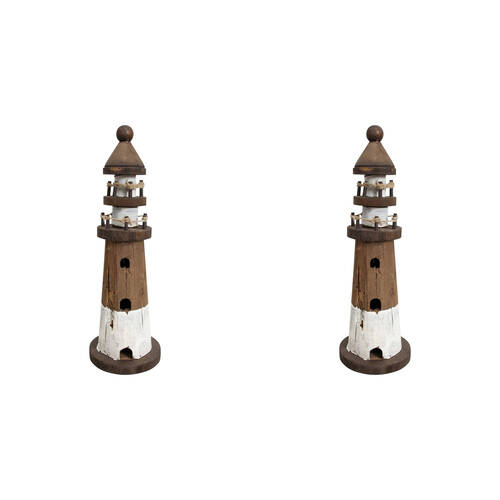 2PK LVD Wooden Rustic Lighthouse Sculpture Small 9x28cm White