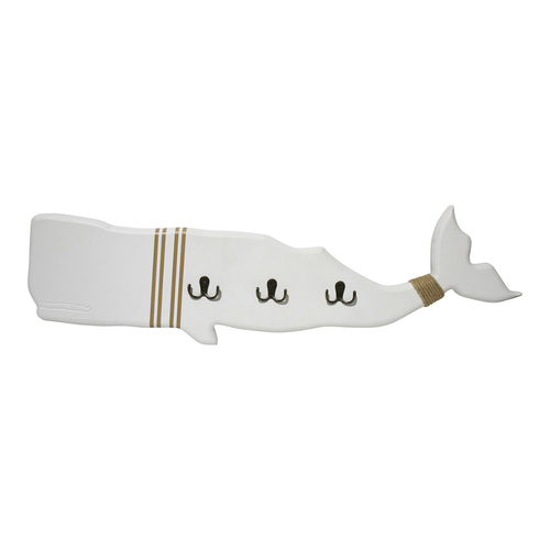 LVD Cape Cod Timber 90cm Whale Wall Hanging Metal Hook - White
